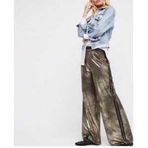 NWT. Free People Vegan Metallic Gold track pants. Dressy, sporty, edgy, all!
